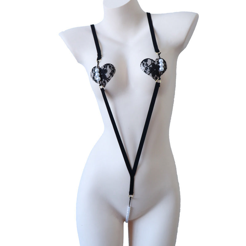 Image of Erotic underwear women's erogenous belt pearl jumpsuit simple webbing pajamas wholesale one piece dropshipping 4033